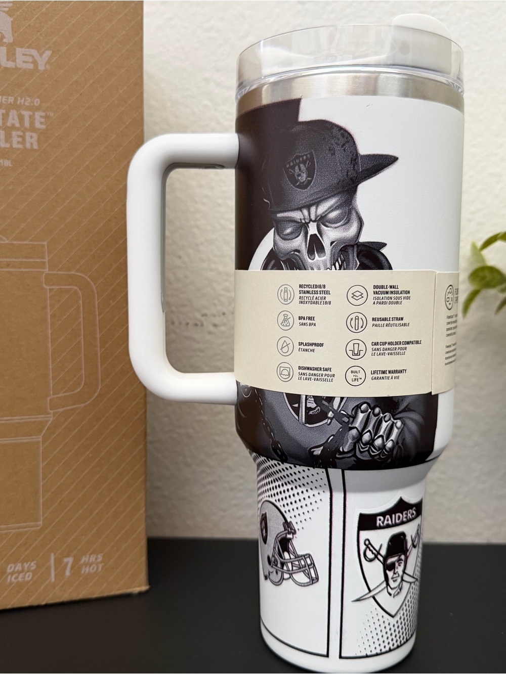 Stanley White & Black Raiders Skull Travel Tumbler with Handle